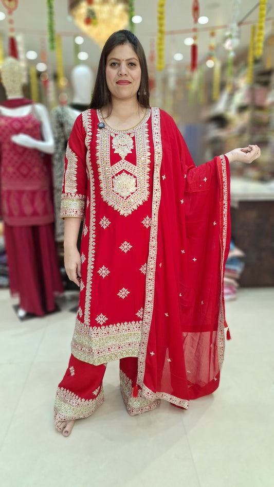 RED PURE CHINON NECK DESIGN WITH TIILA WORK PLAZZO SUIT