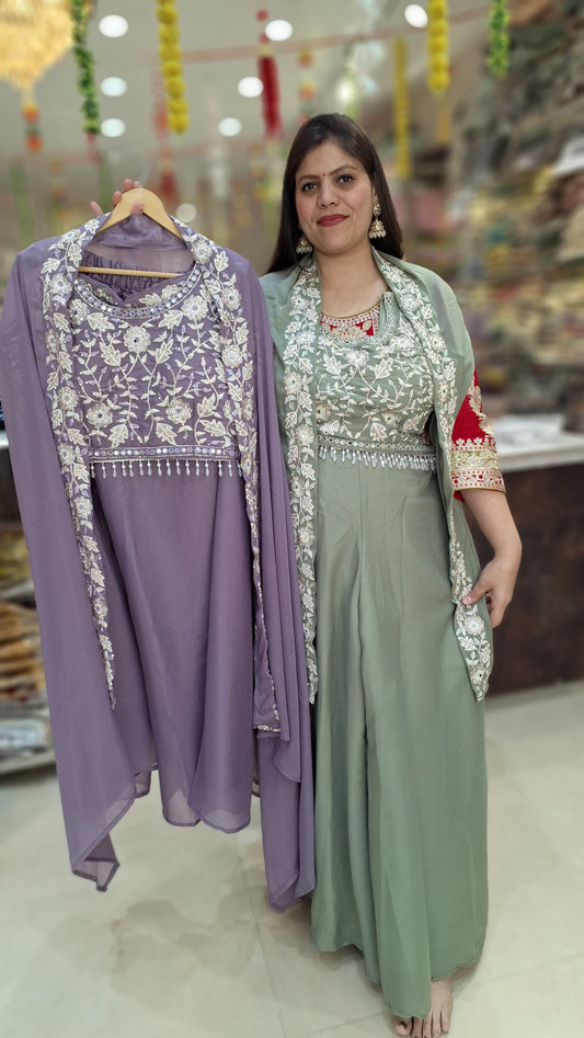 PURE CHINON SILVER TILLA WORK SHORT TOP WITH DHOTI DESIGN SKIRT PARTY WEAR DRESS