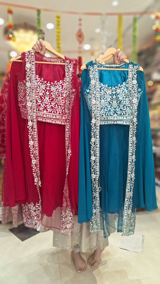 WEDING WEAR PURE GEORGET SHORT TOP WITH JAKET DHOTI SKIRT DRESS