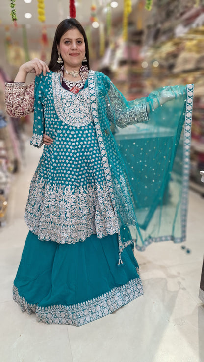 WEDING SPECIAL RUST FULL HEAVY PEPLUM WITH FULL ZARI AND JARKAN WORK WITH FULL HEAVY CAN-CAN LEHNGA