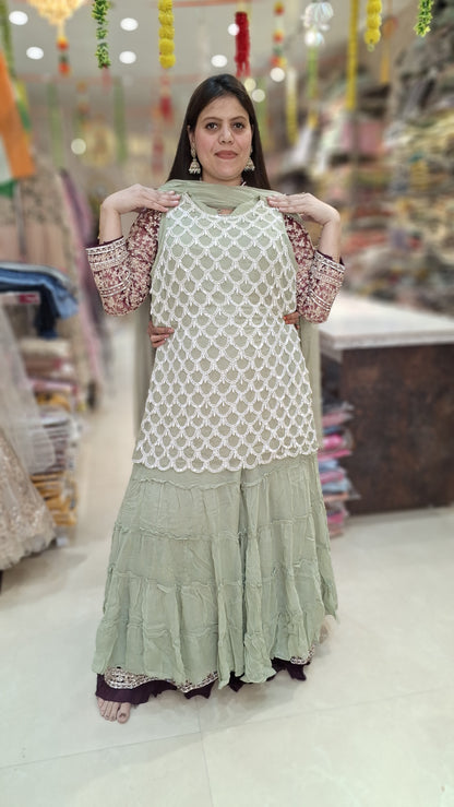 PASTEL COLOR PARTY WEAR  GEORGET KURTI SHARARA WITH ORIGNAL PEARL WORK