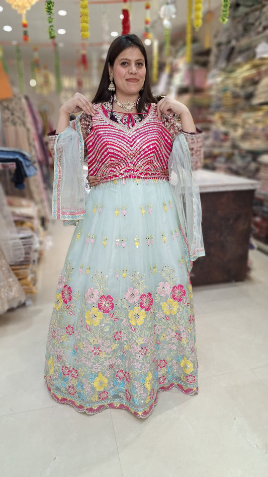 WEDING WERA NETED FULL FLEAR LEHNGA WITH WITH BEAUTIFUL HOT PINK TOP