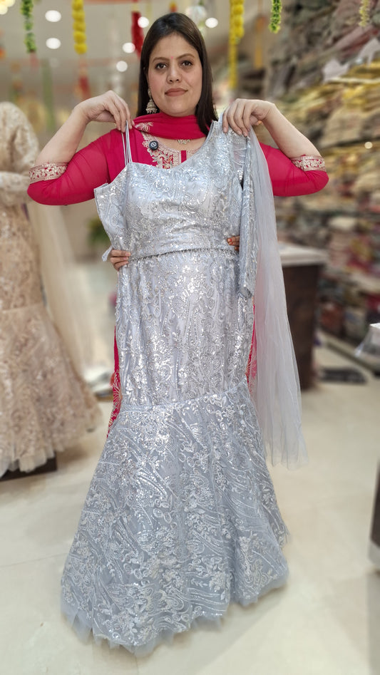 SILVER FISHCUT NETED WITH SIPI WORK SHORT TOP WITH SKIRT