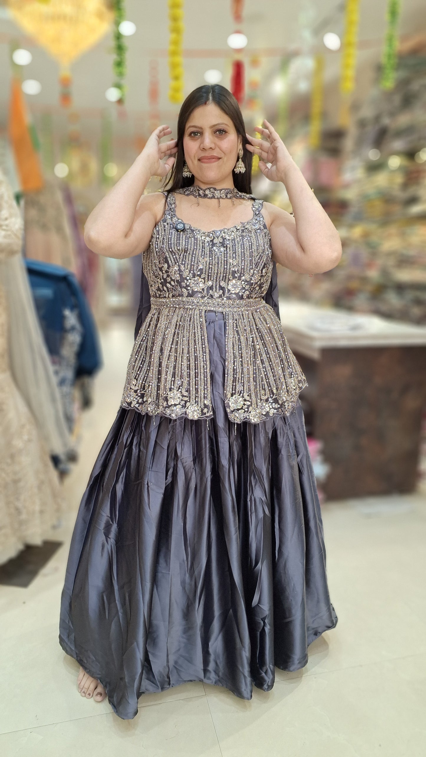 STEEL GREY PREMIUM SILK DESIGNER LEHNGA CHOILI WITH NECKLACE  DUPATTA