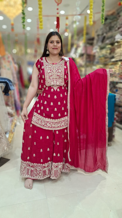 PURE CHINON TITTA AND ZARI WORK KURTI AND BOTOM WITH HEAVY JAFFA