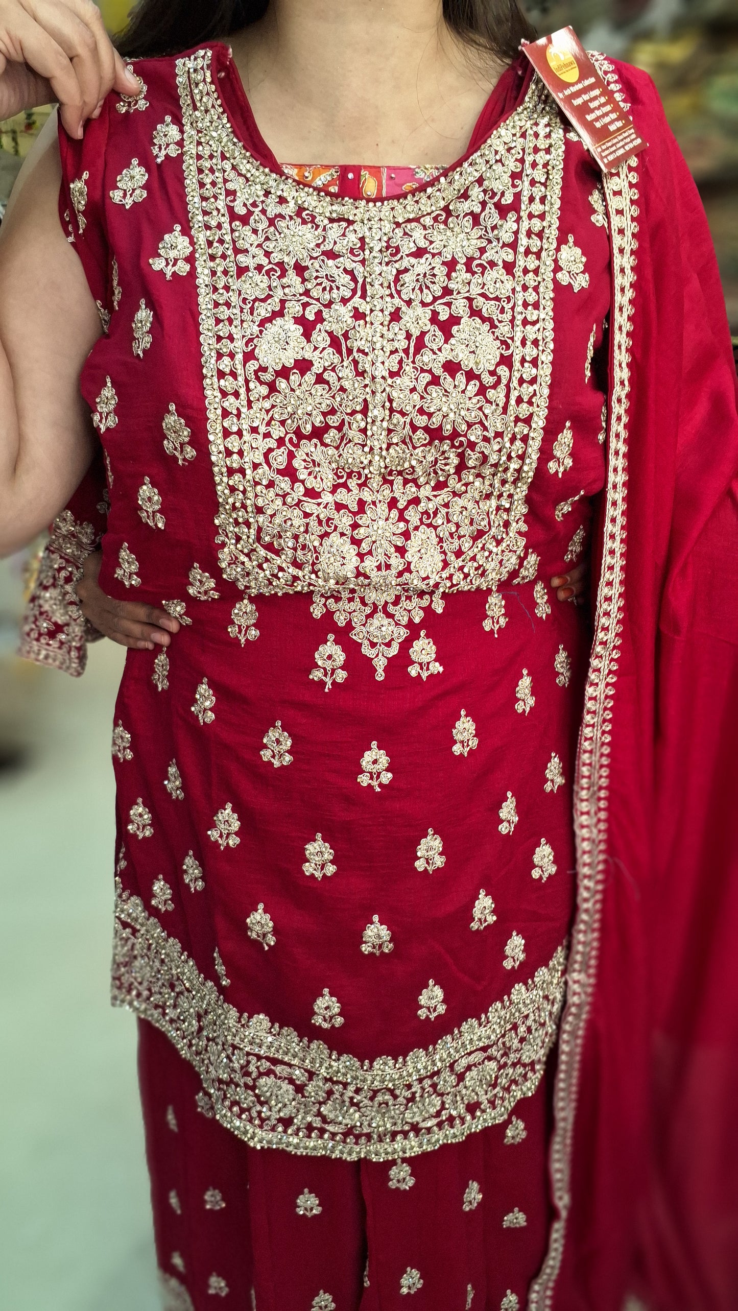 PURE CHINON TITTA AND ZARI WORK KURTI AND BOTOM WITH HEAVY JAFFA