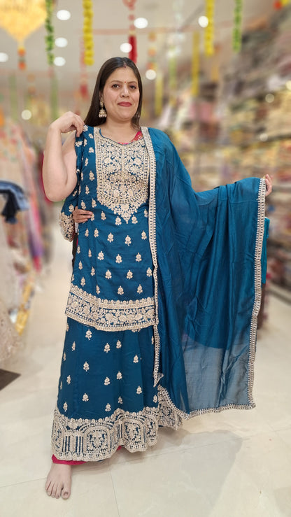 PURE CHINON TITTA AND ZARI WORK KURTI AND BOTOM WITH HEAVY JAFFA