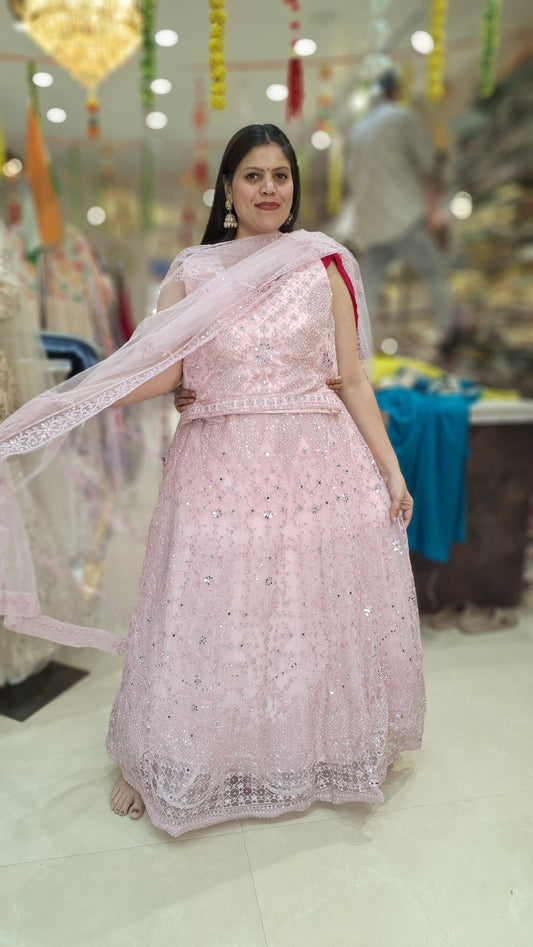 PINK NETED FULL TILLA WORK LEHNGA