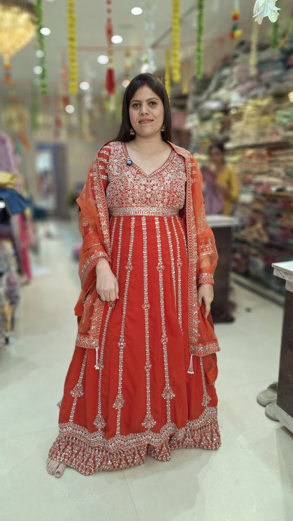 ORANGE GEORGET TILLA WORK ANARKALI WITH LEHNGA