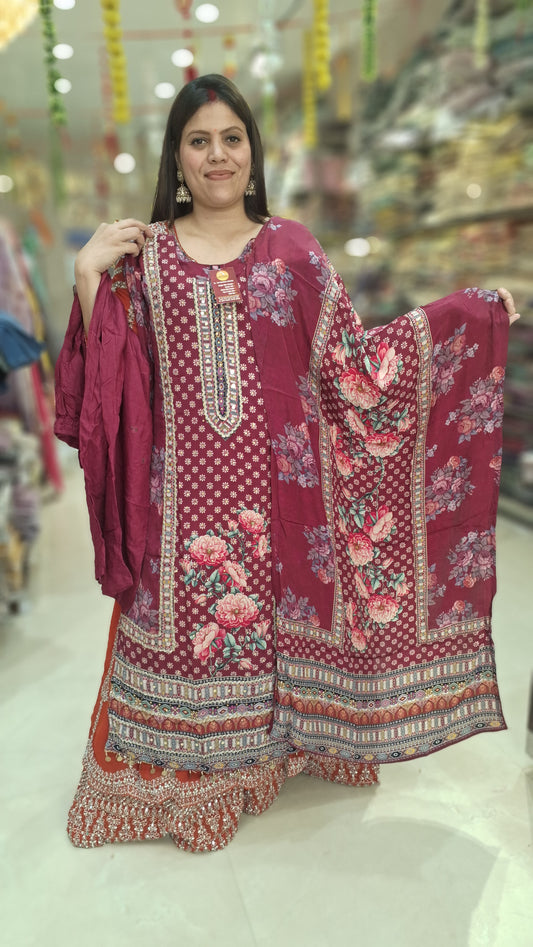 ONION PINK PURE CREPE NECK DESIGN TIILA WORK WITH JAFFA 3 PC SUIT
