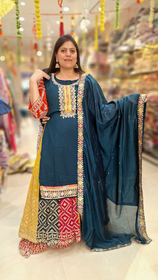 PURE CHINON TEEL BLUE SHIRT WITH MULTI COLOR JAFFA