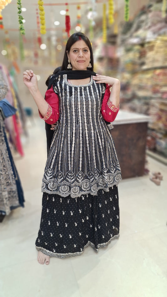 BLACK GEORGET LONG KURTI WITH LEHNGA