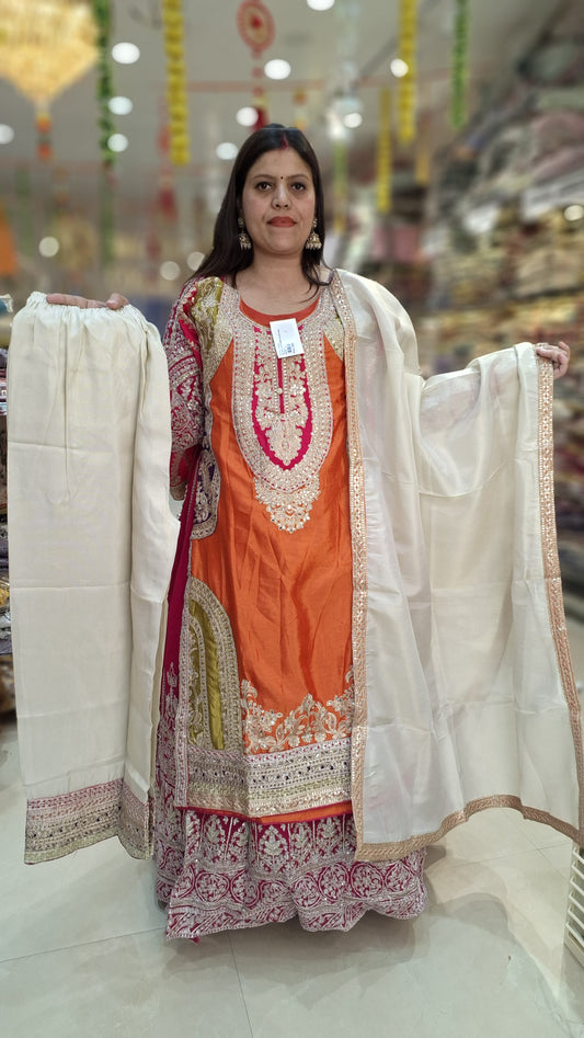 ORANGE PURE CHINON TILLA AND SIPI WORK NECK AND BORDER WITH JAFFA