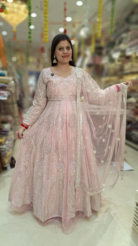 BABY PINK NETED FRONTCUT FULL FLAIR LEHNGA