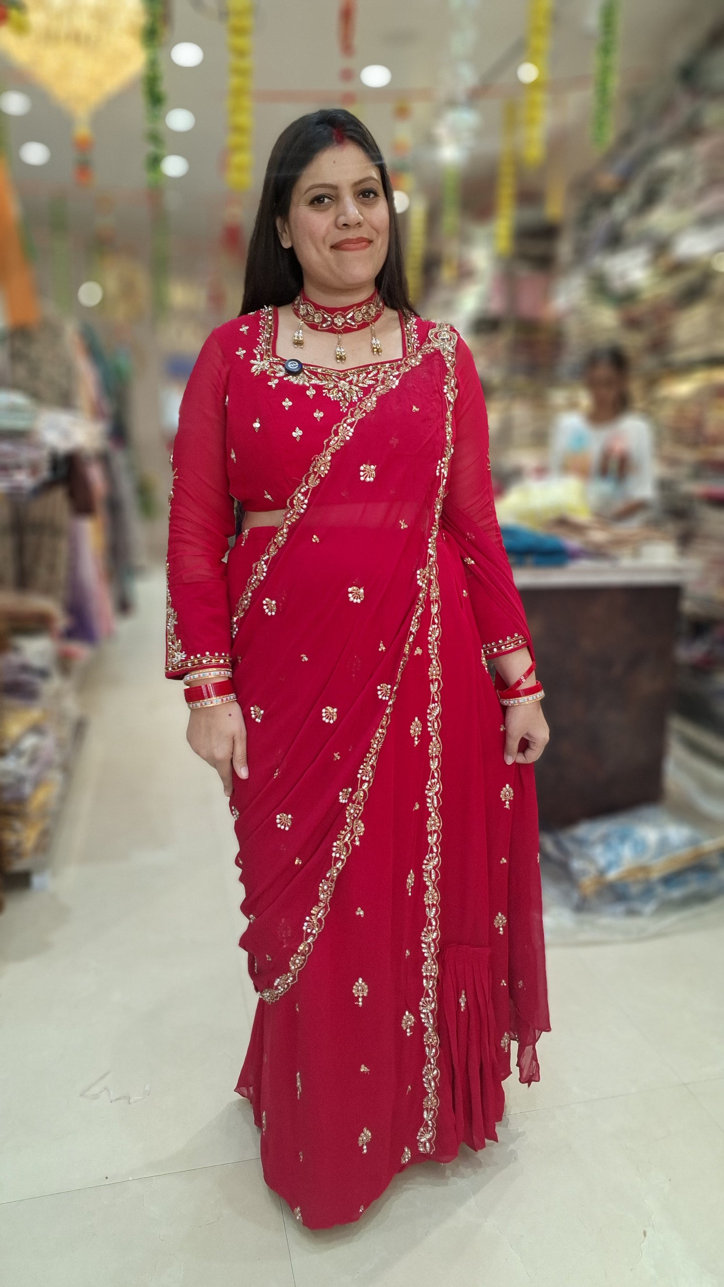 HOT PINK PURE GEORGET NECKLASE WITH BEAUTIFUL CHOLI FULL FLAIR LEHNGA SAREE