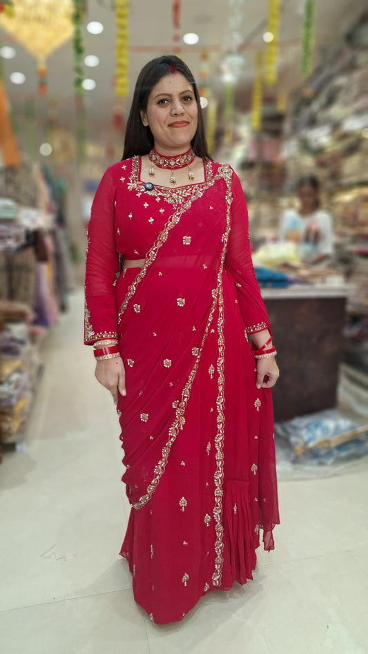 HOT PINK PURE GEORGET NECKLASE WITH BEAUTIFUL CHOLI FULL FLAIR LEHNGA SAREE