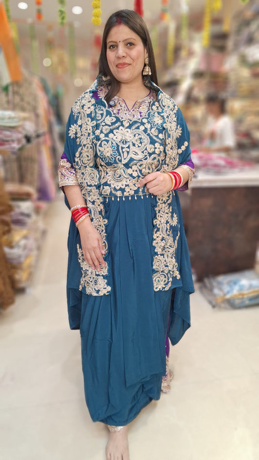 PARTY WEAR CHOLI WITH CAPE FULL TILLA AND ZARI WORK DHOTI SKIRT DRESS