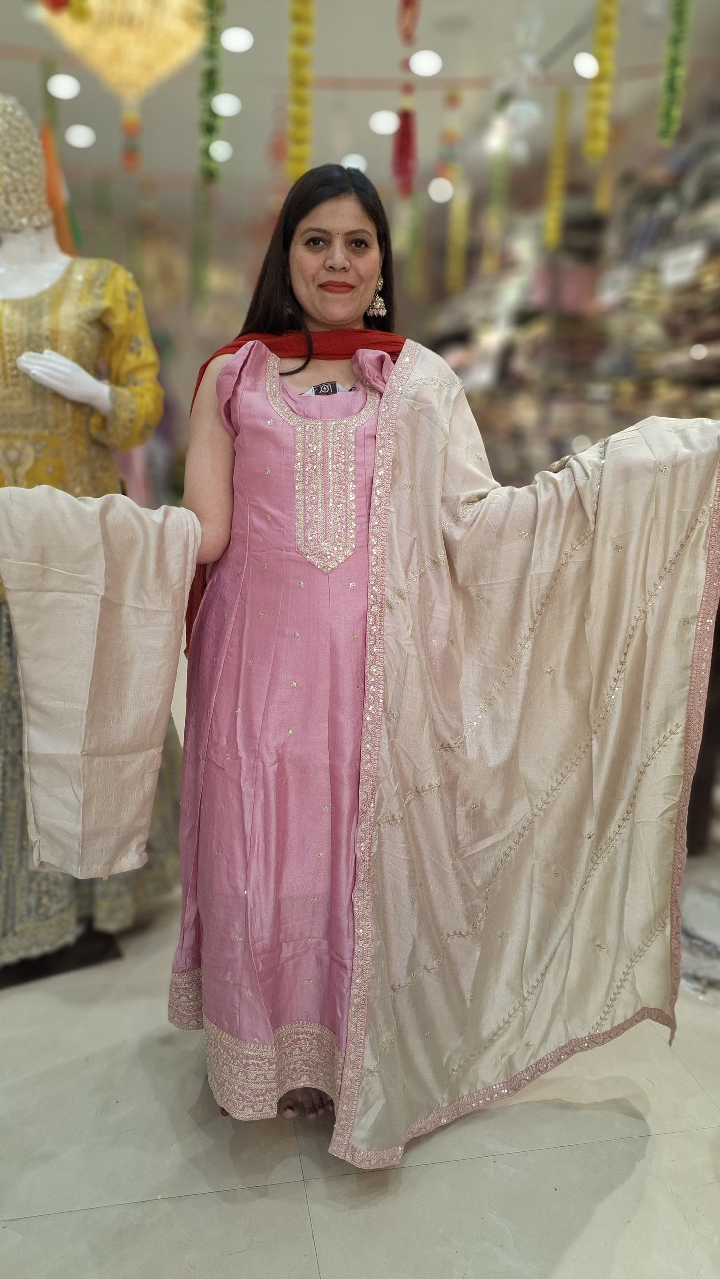 PINK CHINON ANARKALI WITH ELEGENT HNAD WORK