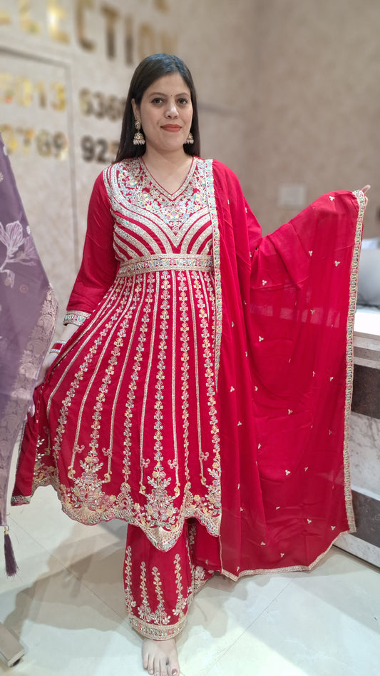 PURE CHINON FULL HANDWORK EMBROIDED ANARKALI WITH PLAZO