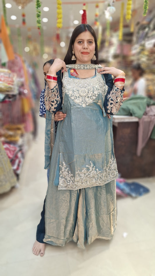 SEA GREE PURE GLASS TISSUE NECK DESIGN TILLA AND ORIGNAL MIRROR WORK WITH HEAVY JAFFA