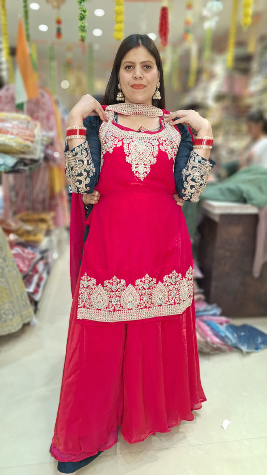 HOT PINK TISSUE NECK AND BORDER WORK SHORT KURTI WITH JAFFA