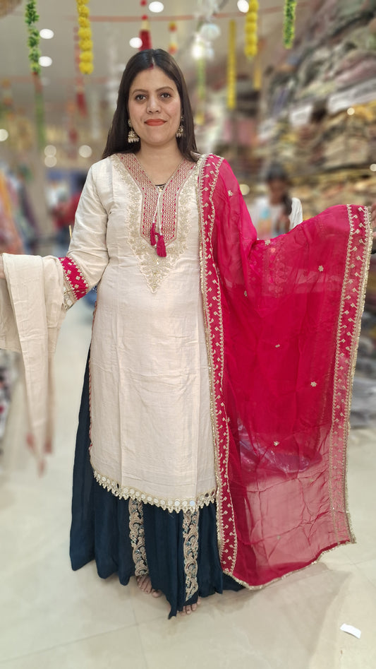 PARTY WEAR IVORY NECK DESIGN DORI WITH PINK DUPPTA 3 PC SUIT