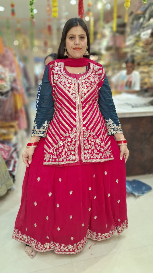HOT PINK PURE GEORGET SILVER WORK WITH HEAVY LEHNGA