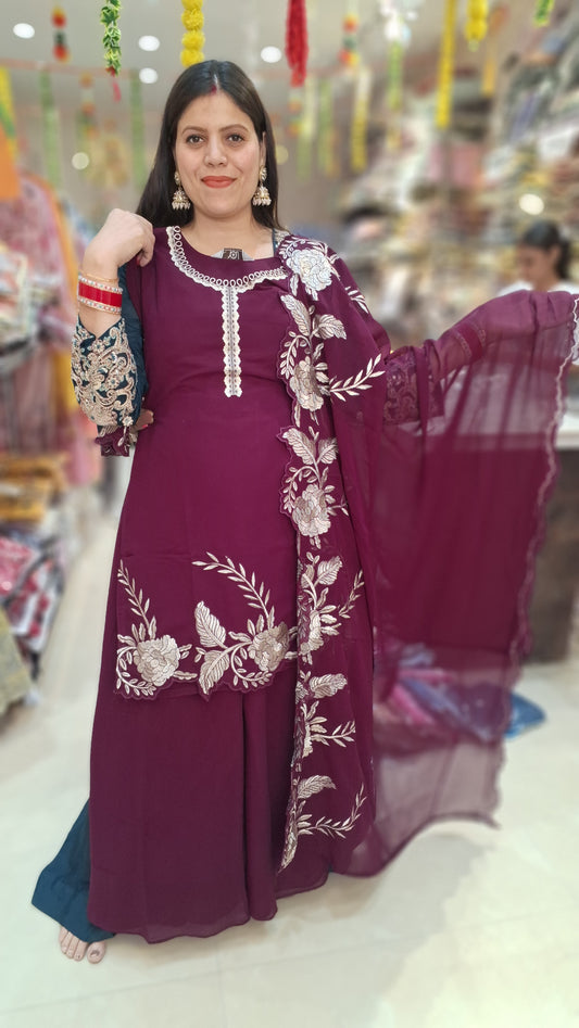 WINE PURE GEORGET WHITE THREAD WORK JAFFA SUIT