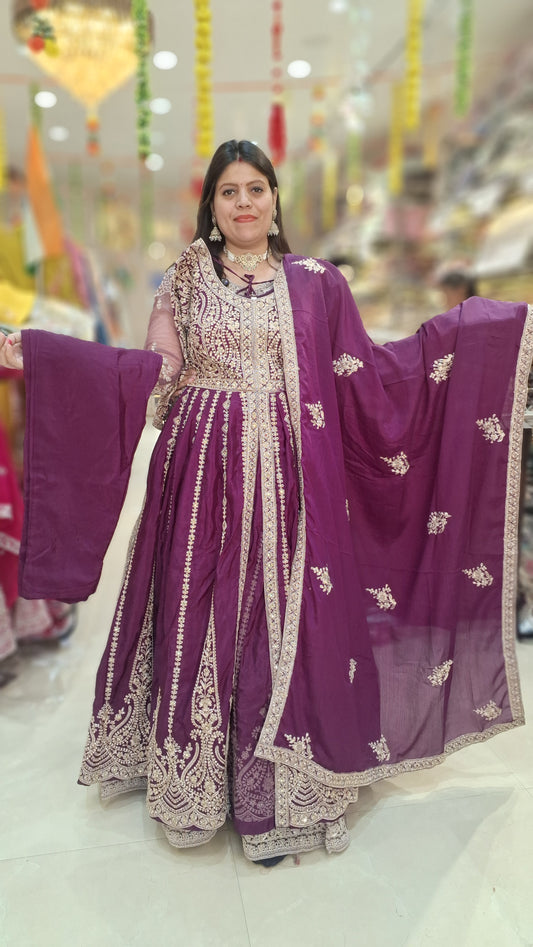 PURPLE PURE CHINON FULL ZARI AND TILLA WORK ANARKALI