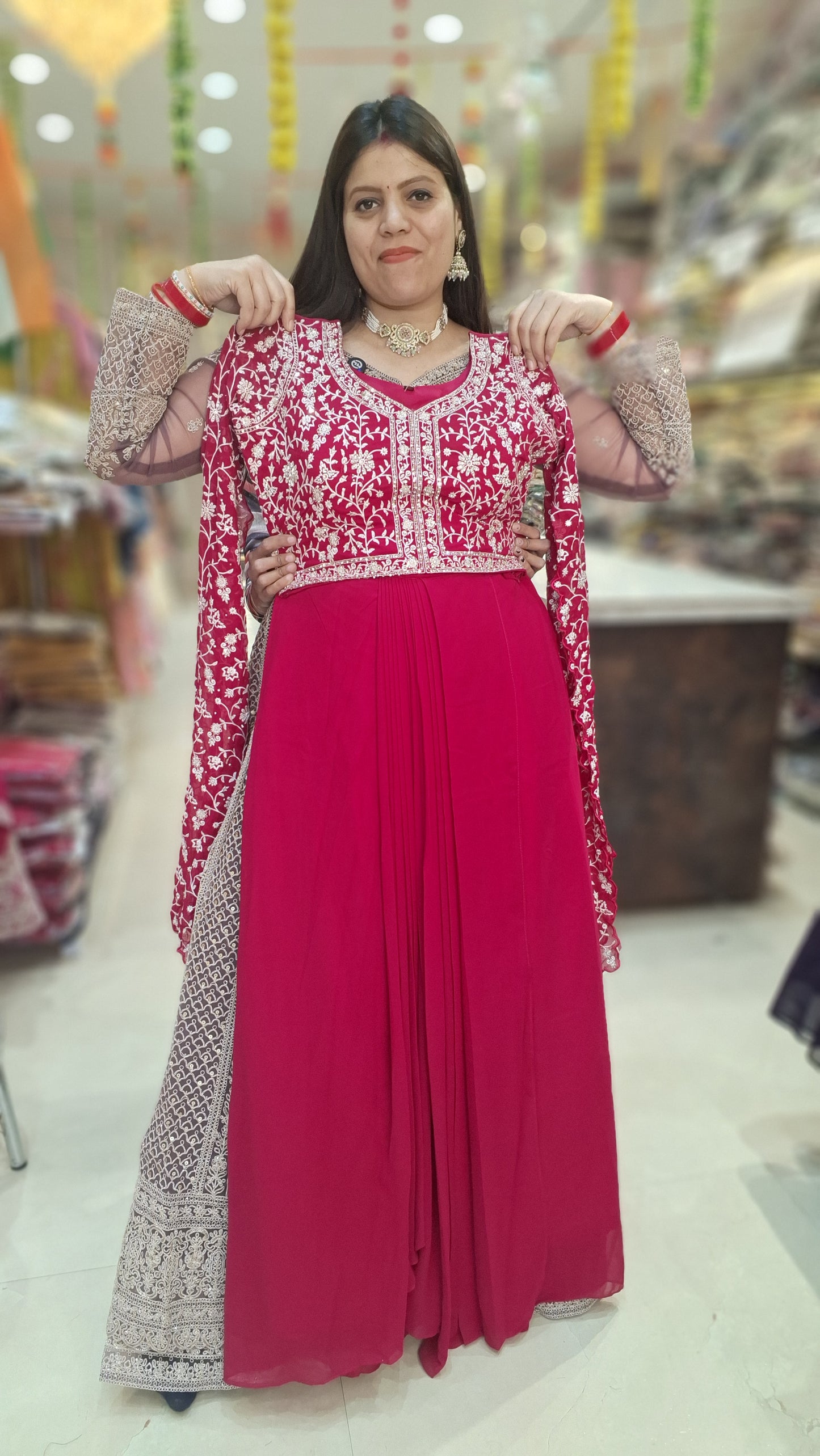 PURE GEORGET SHORT CHOLI WITH FLAIR SLEVES WITH SKIRT