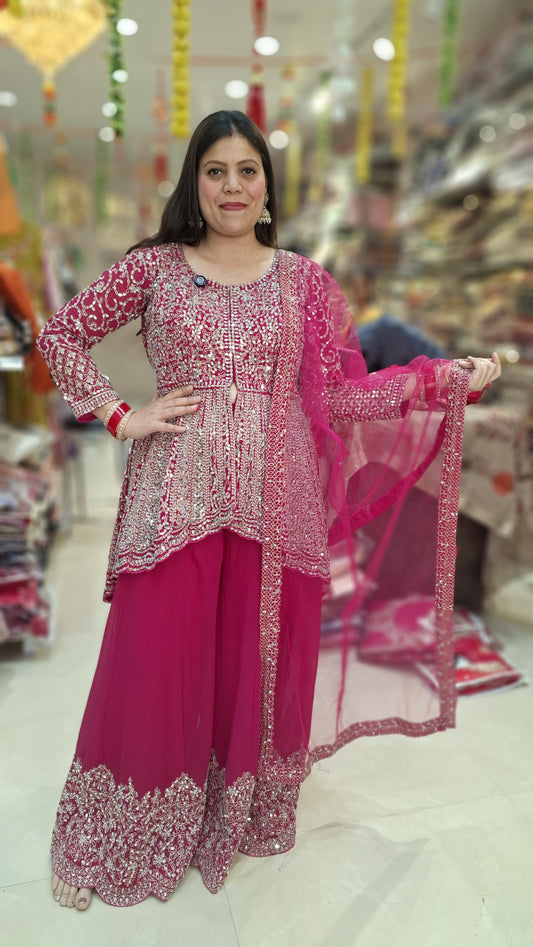 WEDDING WEAR FULL ORIGNAL MIRROR FRONT SHORT AND BACK LONG LENGTH KURTI WITH HEAVY PLAZZO