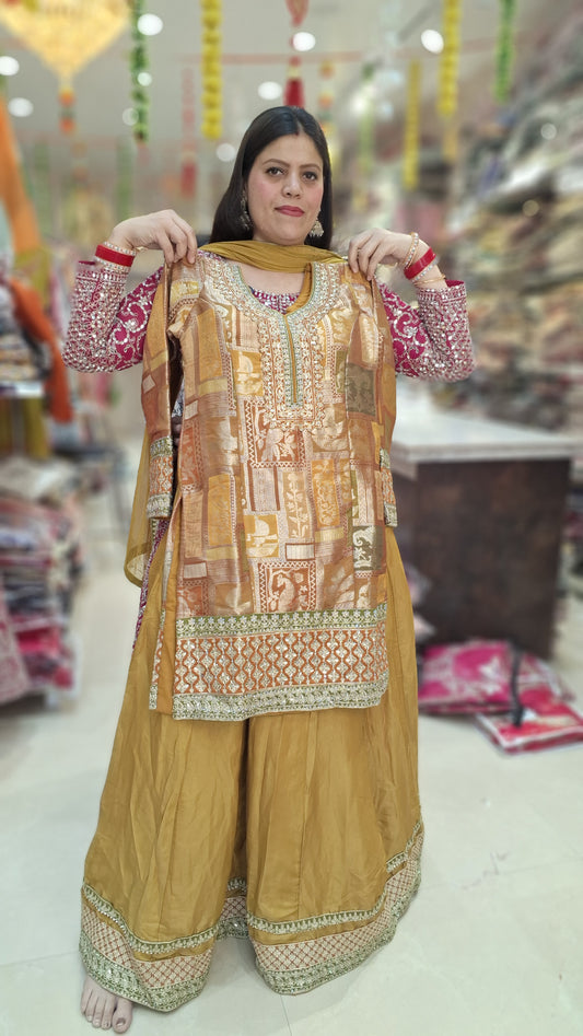 MUSTURD BANARSI NECK AND BORDER DESIGN WITH HEAVY LEHNGA