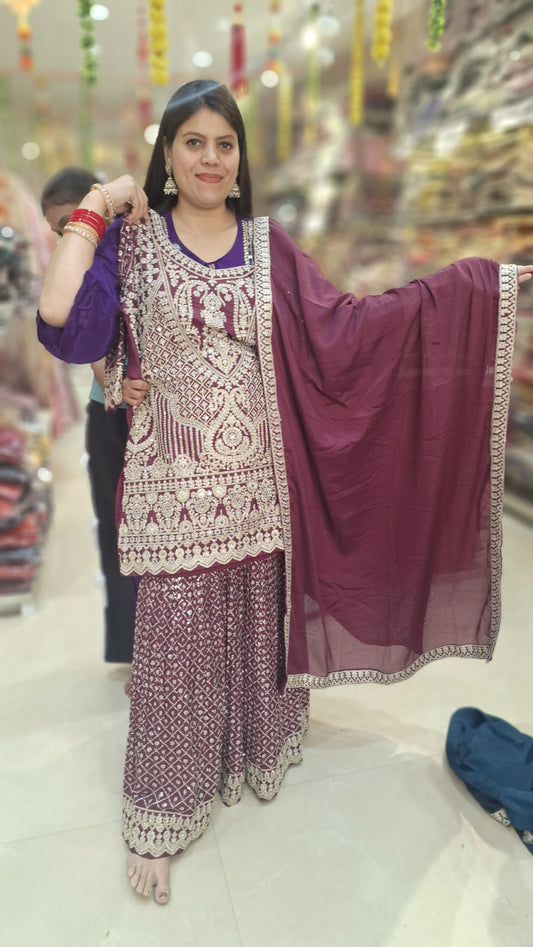 PURE CHINON FULL TILLA WORK 3 PC SHRARA SUIT