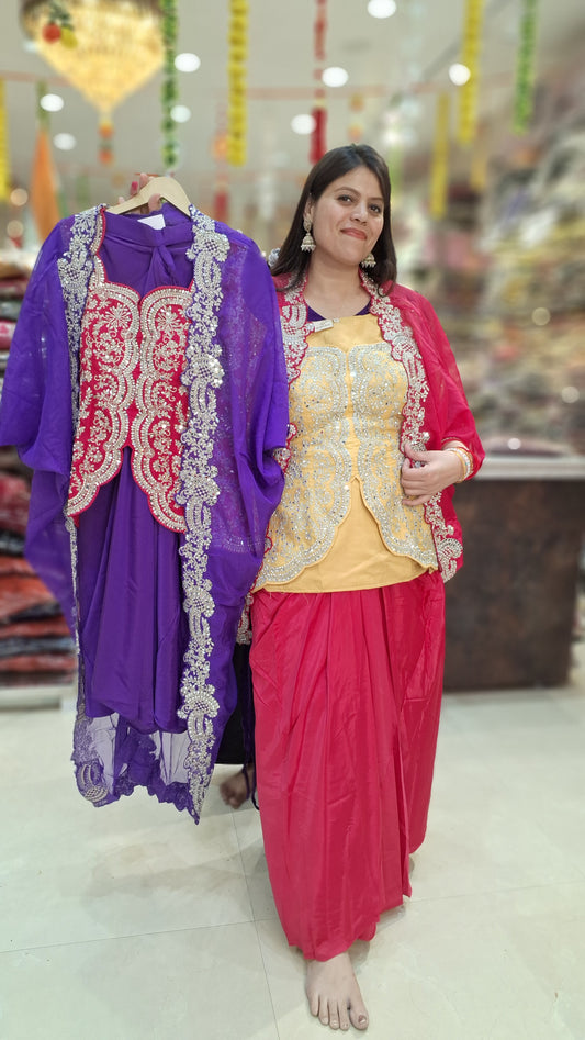 PARTY WEAR DESIGNER LONG TOP WITH SHRUG WITH SKIRT