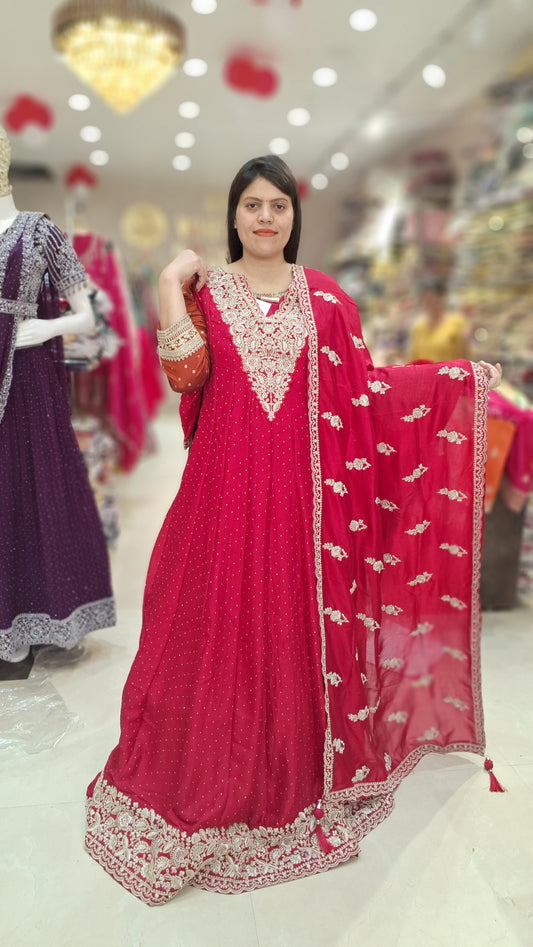 RED PURE CHINON V NECK DESIGNER DUPPTA GOWN