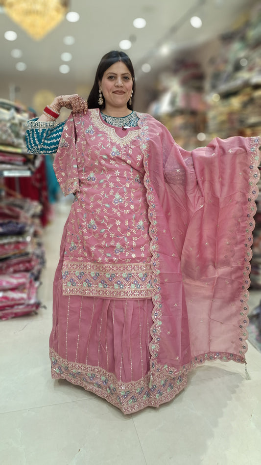PREMIUM SILK TILLA AND THREAD WORK SHORT KURTI WITH LEHNGA
