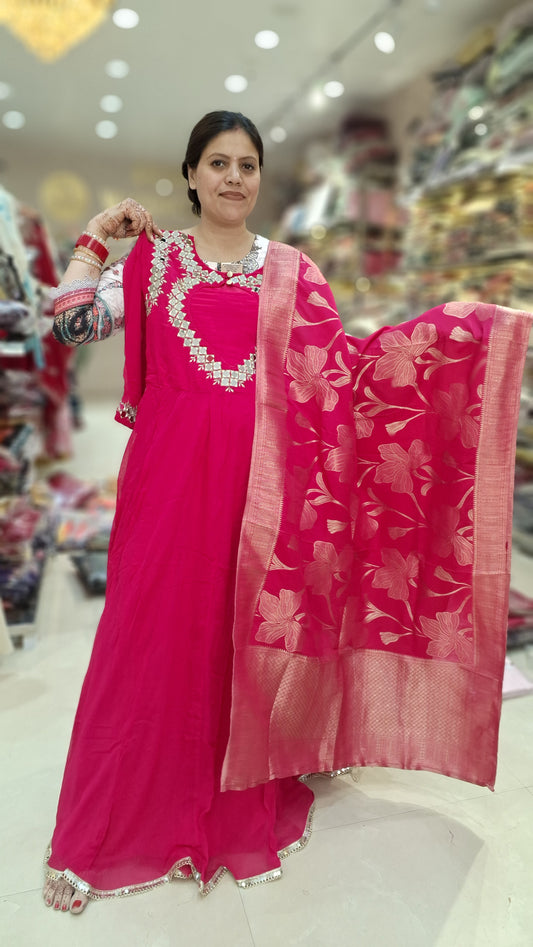 HOT PINK PURE GEORGET NECK DESIGN ANARKALI