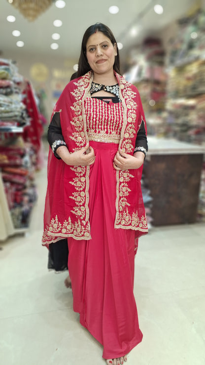 HOT PINK PREMIUM SILK SHORT TOP WITH SHRUG BEAUTIFUL SKIRT