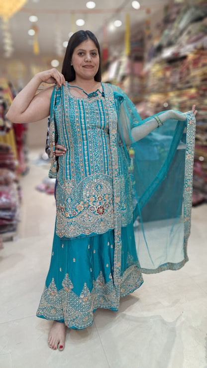 PURE CHINON FULL TILLA AND SIPI WORK SHORT SHIRT WITH FULL FLAIR JAFFA