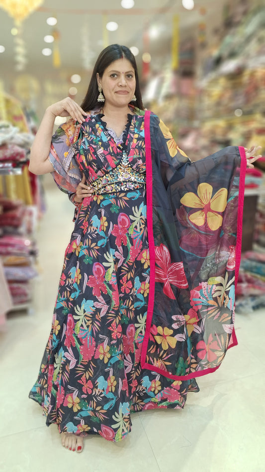 BLACK PREMIUM SILK TOP NECK DESIGN WITH BLACK LASE WITH FULL FLOWER WORK LEHNGA