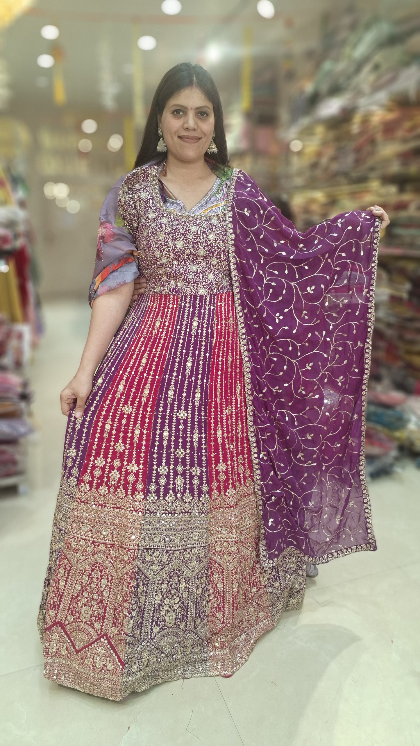 MULTI COLOUERD PURE GEORGET SHORT TOP WITH FULL HEAVY LEHNGA WITH PURPLE DUPPTA