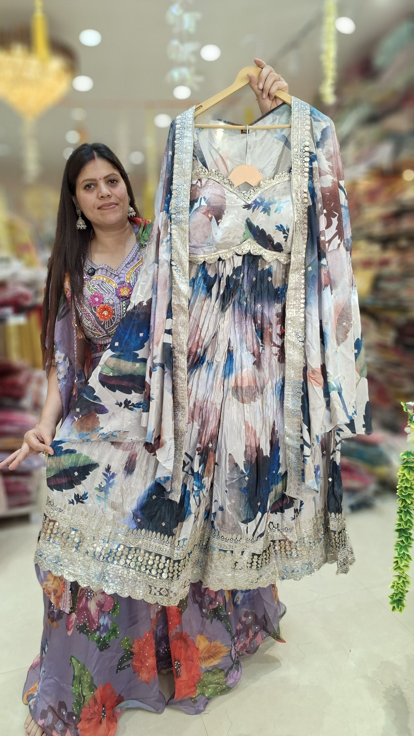 WHITE BASED FLORAL DESIGN CROPE TOP WITH JAFFA WITH BEAUTIFUL CAPEE