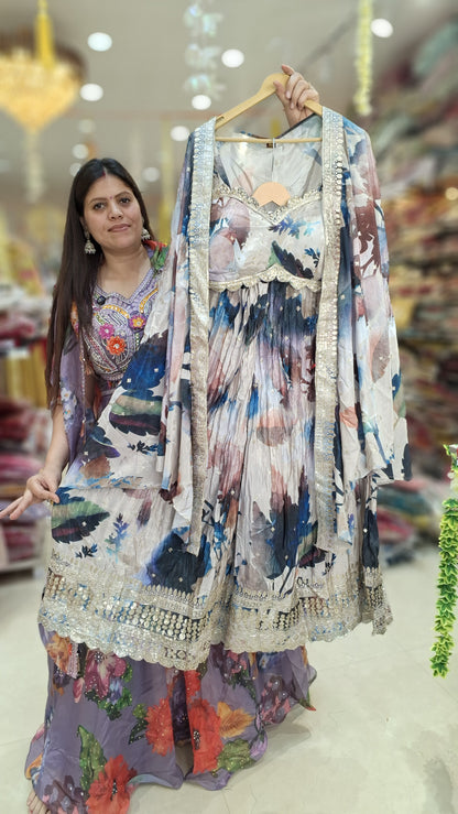 WHITE BASED FLORAL DESIGN CROPE TOP WITH JAFFA WITH BEAUTIFUL CAPEE
