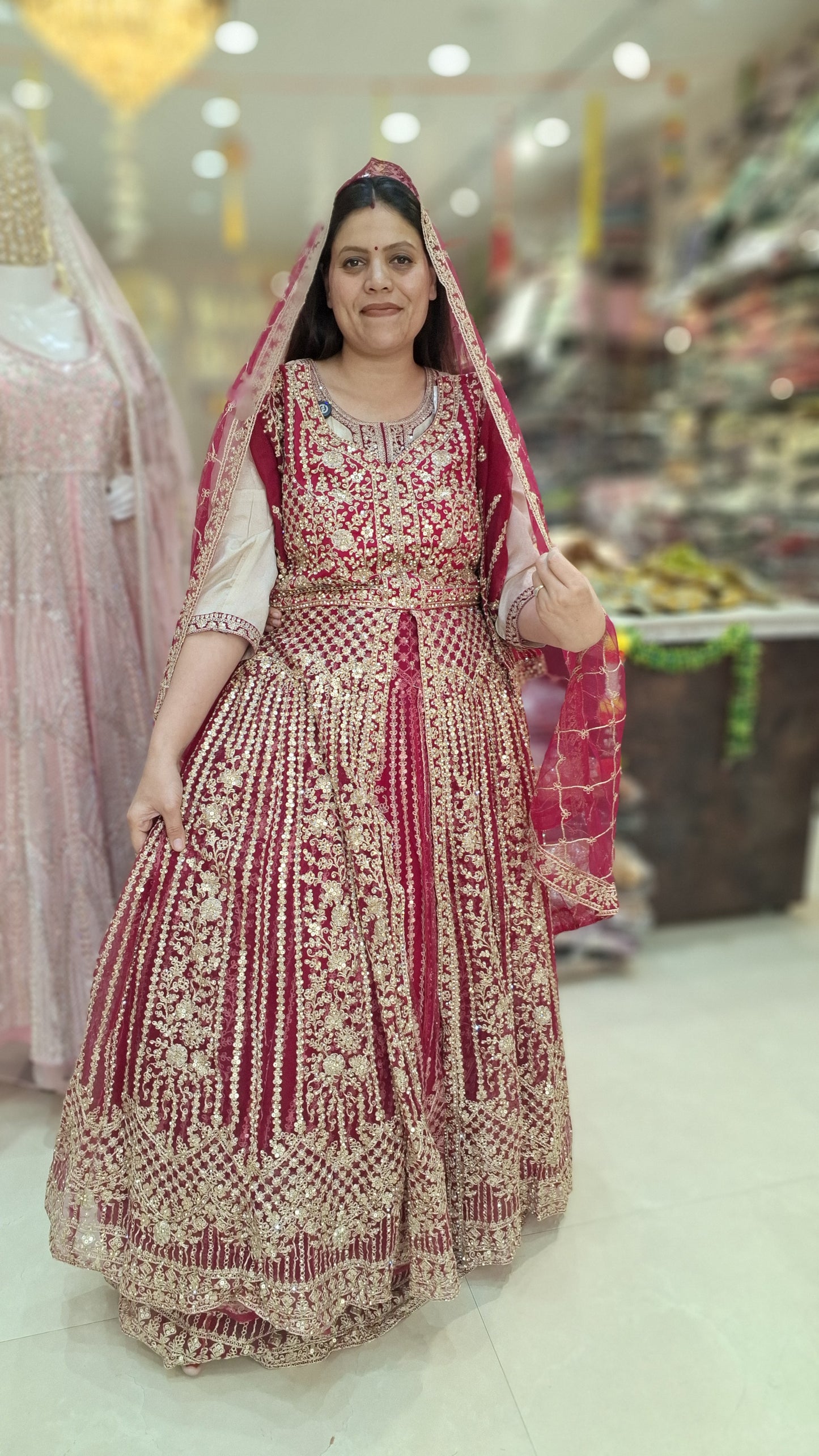 HOT PINK ORIGNAL MIIRROR WORK FRONTCUT FULL FLAIR LEHNGA