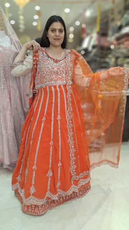 ORANGE GEORGET TILLA WORK ANARKALI WITH LEHNGA