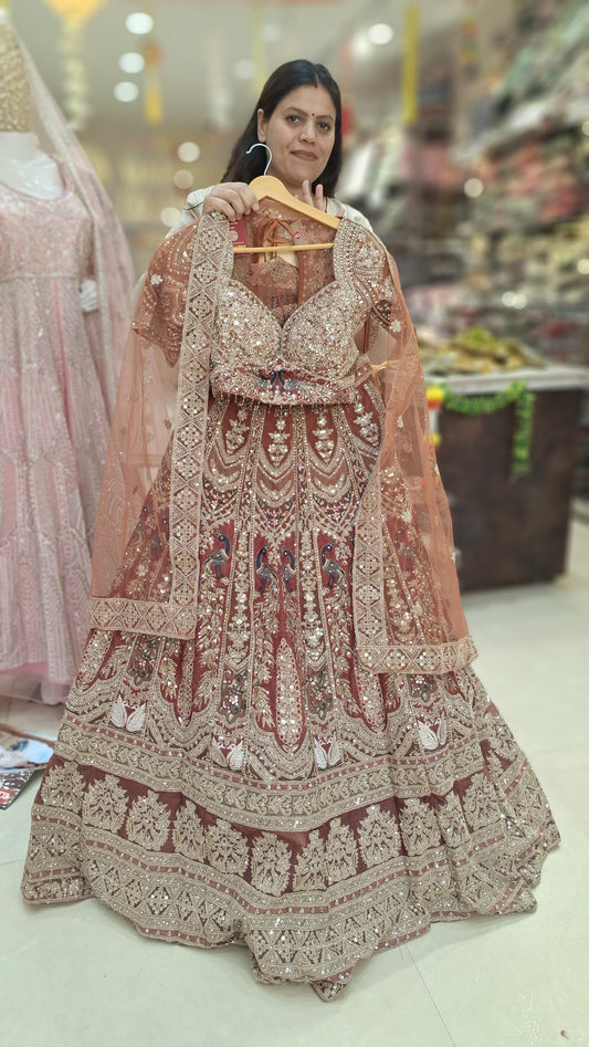 RUST FUL ORIGNAL MIRROR AND TILLA WORK DESIGNER SABIYA SANCHI LEHENGA