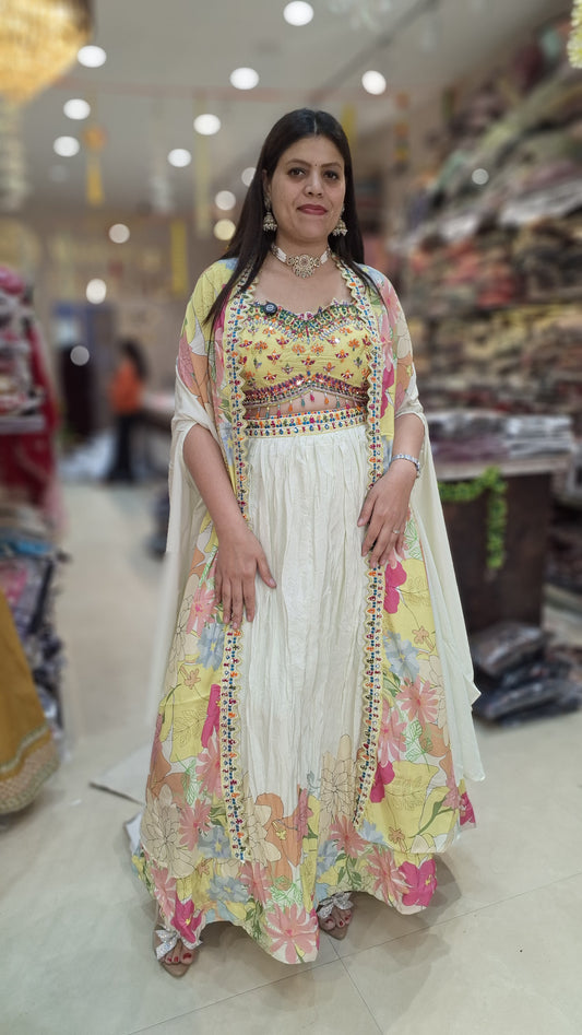 YELLOW AND WHITE DUEL SHORT TOP WITH DESIGN CEPE WITH FLAIR LEHNGA