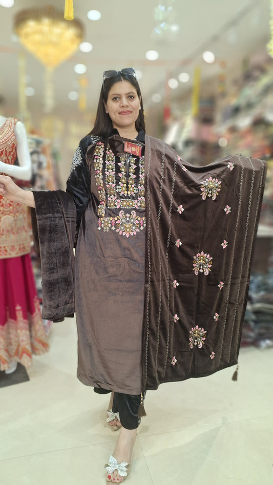 PREMIUM CRUSH VELVET HANDWORK DUPPTA SUIT