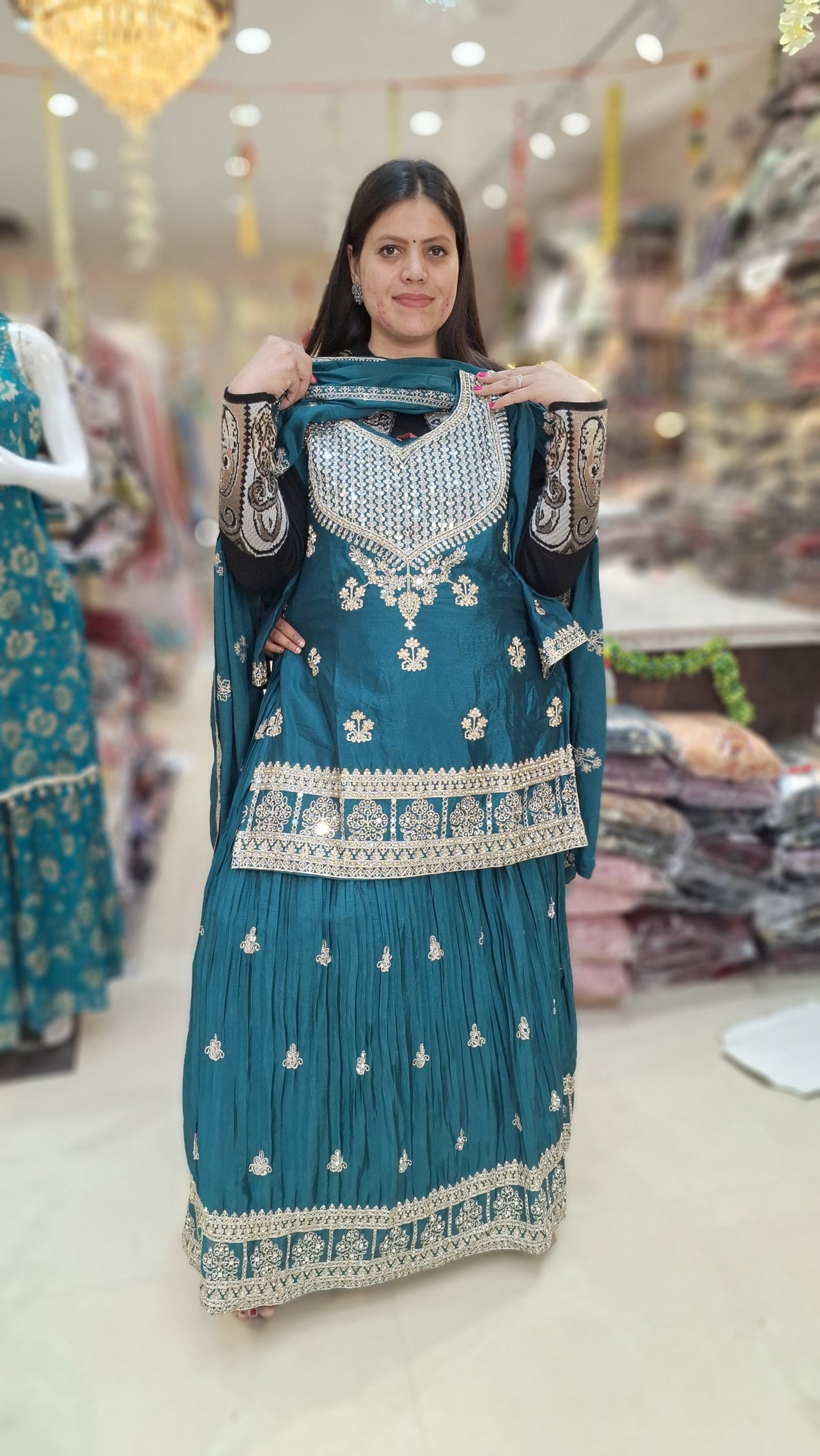 PARTY WEAR CHINON FULL ORIGNAL MIRROR WORK FULL FLAIR LEHNGA