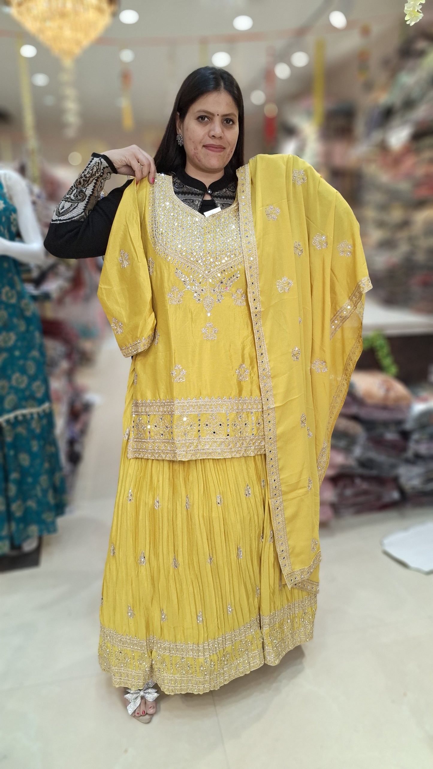 PARTY WEAR CHINON FULL ORIGNAL MIRROR WORK FULL FLAIR LEHNGA